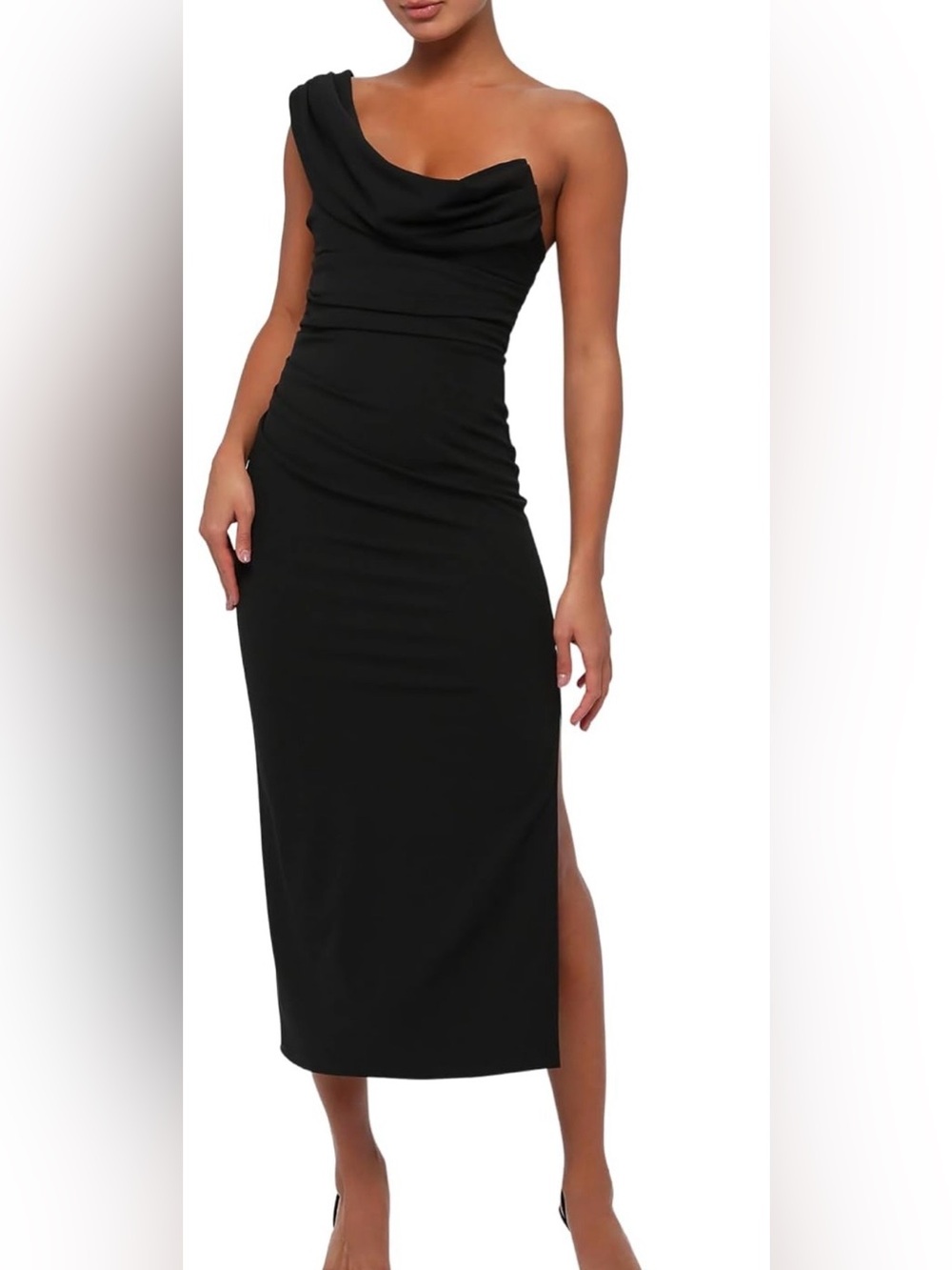 Lulu's Black One-Shoulder Midi Dress with Draped Bodice